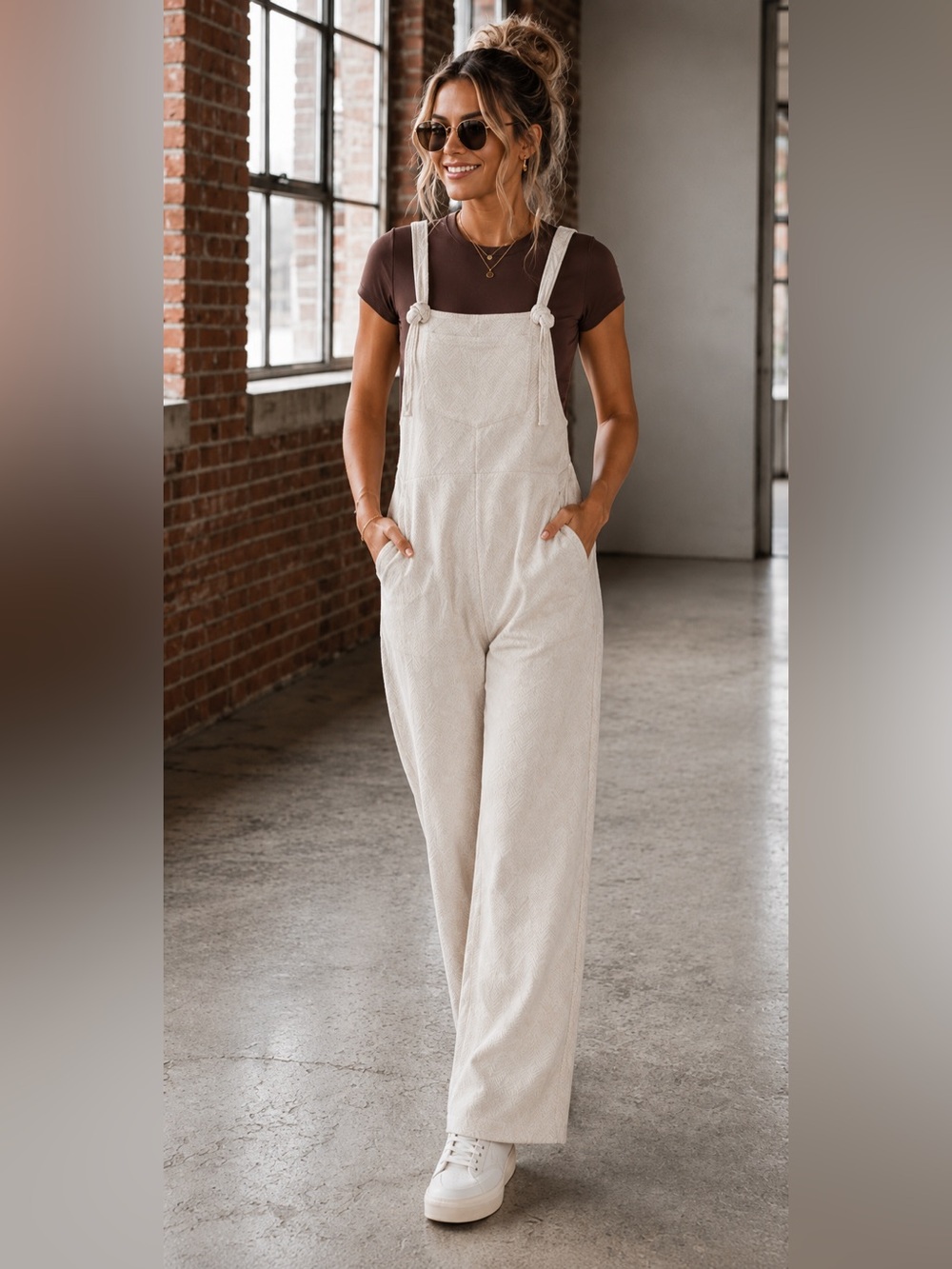 Jodifl Cream Textured Knot Overalls - Relaxed Fit NWT